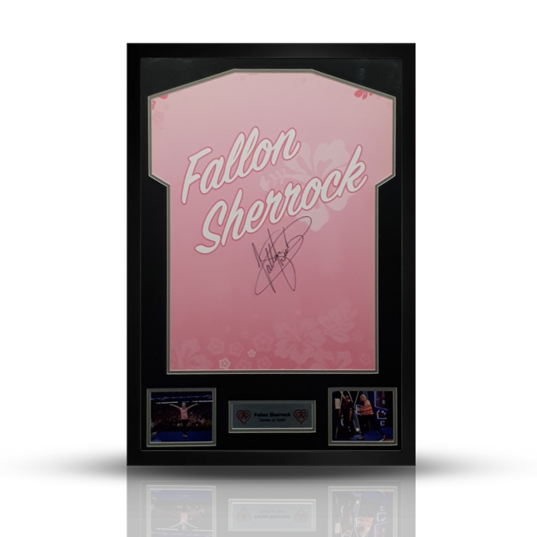 Fallon Sherrock Official Framed Replica Signed Shirt – Back view showcasing Fallon’s iconic branding, personally signed and framed.