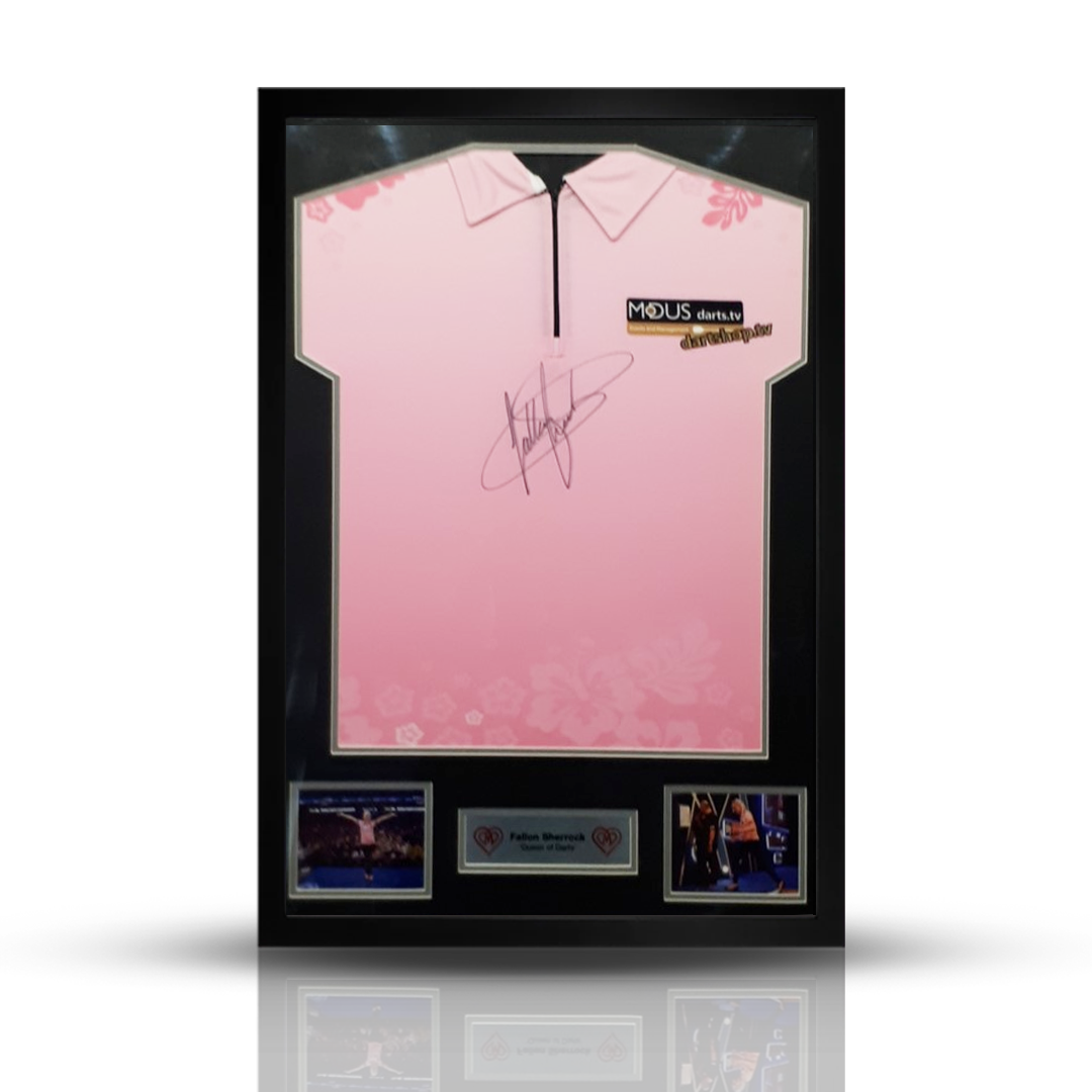 Fallon Sherrock Official Framed Replica Signed Shirt – Front-facing vibrant pink design featuring "Queen of the Palace" branding, autographed.