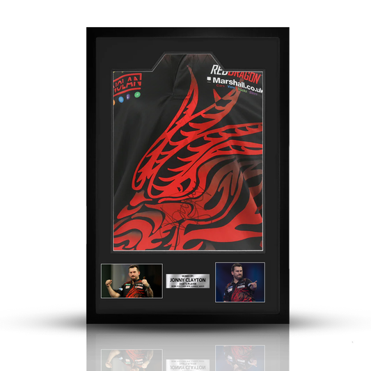 Jonny Clayton Official Framed Replica Signed Shirt – Premium replica shirt featuring "The Ferret" branding, personally signed and framed. Perfect for collectors.