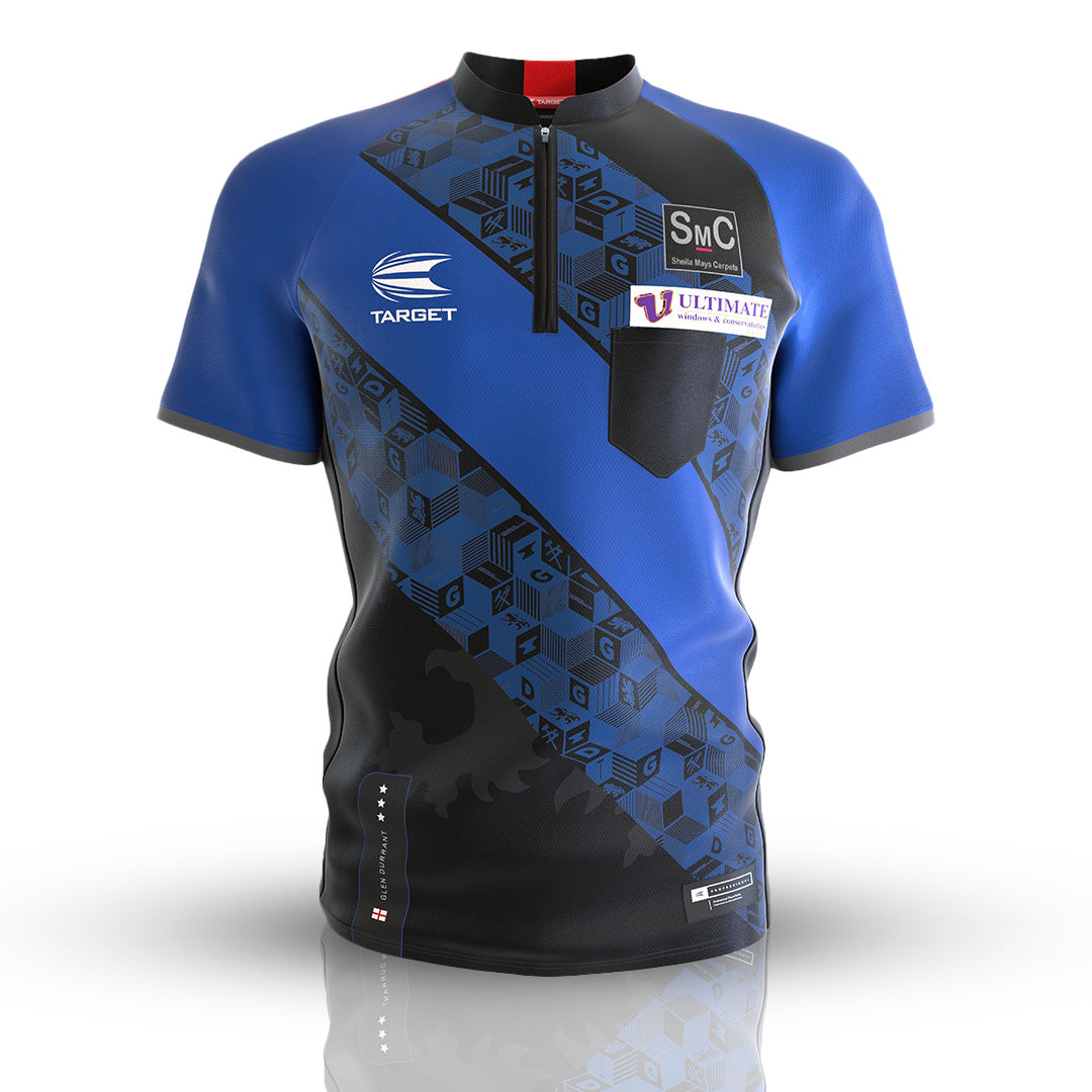 Glen Durrant Official Replica Shirt (Front) – Blue and black design with "Duzza" branding, ideal for darts enthusiasts and collectors.