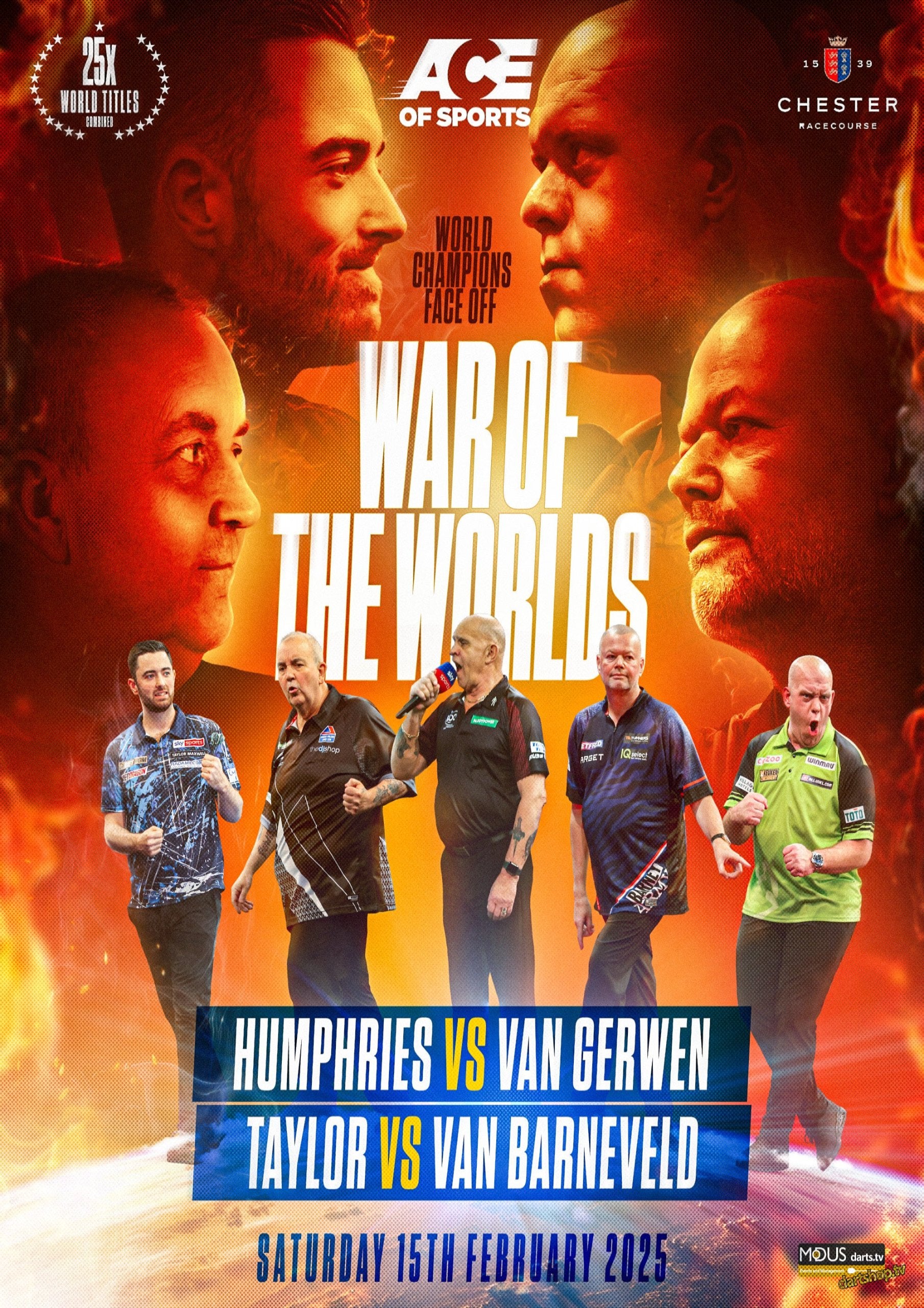 War of the Worlds darts event poster featuring Luke Humphries, Michael van Gerwen, Phil Taylor, and Raymond van Barneveld at Chester Racecourse, 15th February 2025.