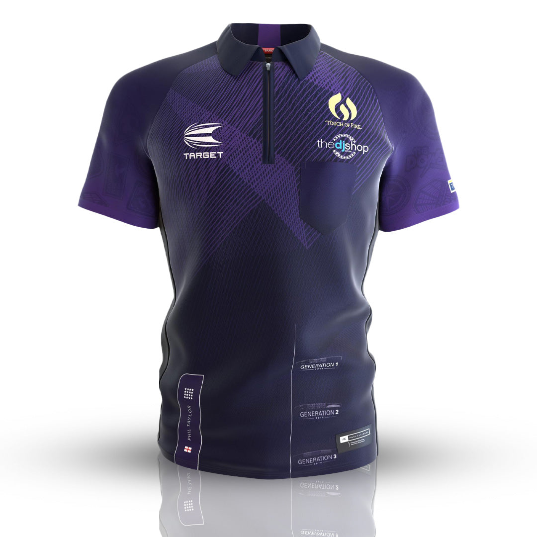 Phil Taylor Official Replica Shirt – Purple design featuring "The Power" branding. Perfect for darts fans and collectors.