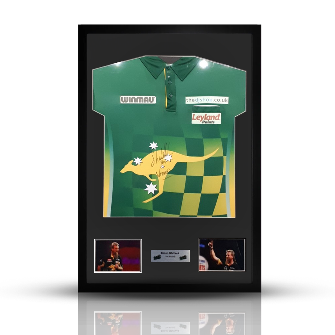 Simon Whitlock Official Framed Replica Signed Shirt – Green and yellow design featuring "The Wizard" branding, personally signed and framed.